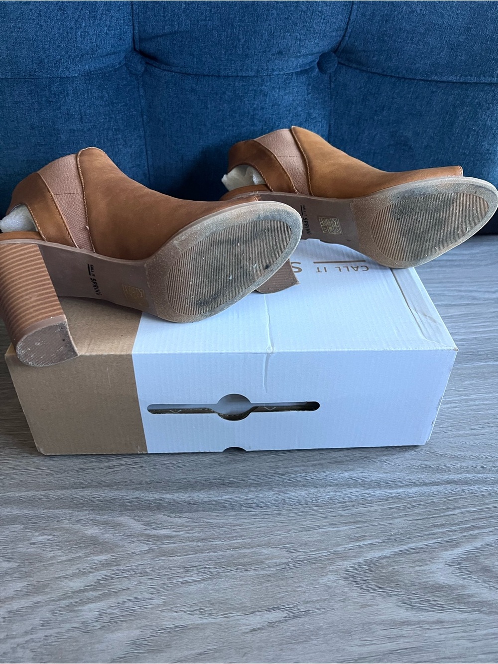 Call It Spring Tan Peep-Toe Stacked Heel Mules - Picture 7 of 10